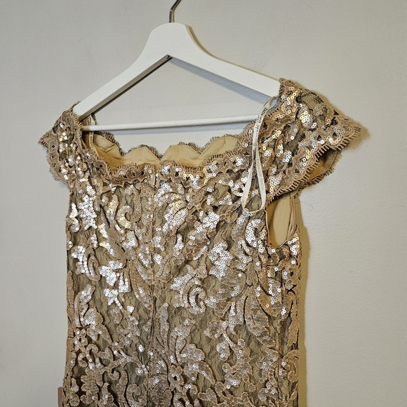 Tadashi Shoji Odette Dress Elegant Gold Lace Gown Wedding Mother of Bride Groom - Picture 8 of 14